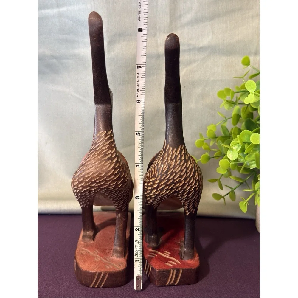 Wood Carved Hand Painted Bird on Stand Set of 2 Crane/Heron/Stork Figurine